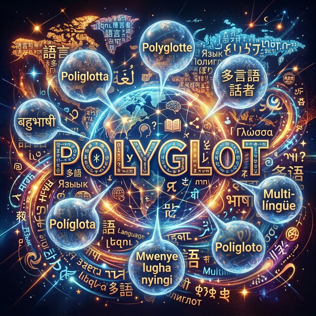 Word 'polyglot' with various languages and global map background