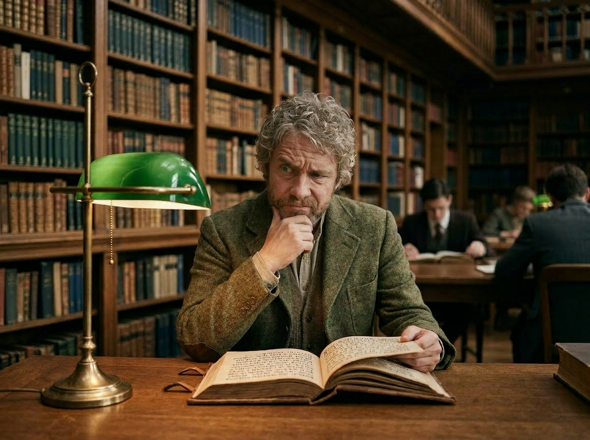 Man looking puzzled while reading stone plaque with ancient symbols outdoors